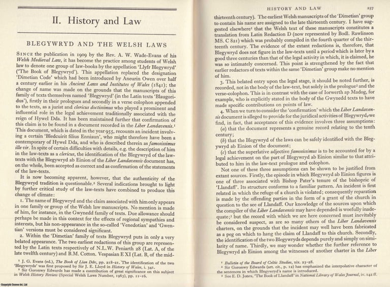 Item #624622 Blegywryd and The Welsh Laws. An original article from the Bulletin of The Board of...