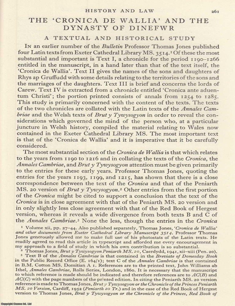 Item #624623 The Cronica de Wallia and The Dynasty of Dinefwr. An original article from the...