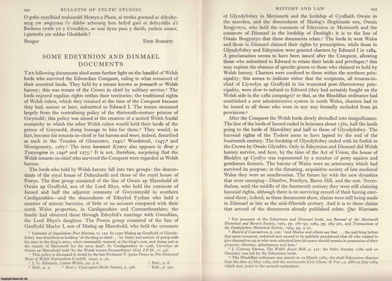 Item #624643 Some Edeyrnion and Dinmael Documents. An original article from the Bulletin of The...