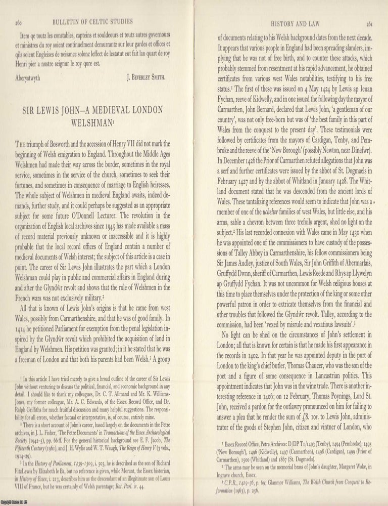 Item #624656 Sir Lewis John - A Mediaeval London Welshman. An original article from the Bulletin...