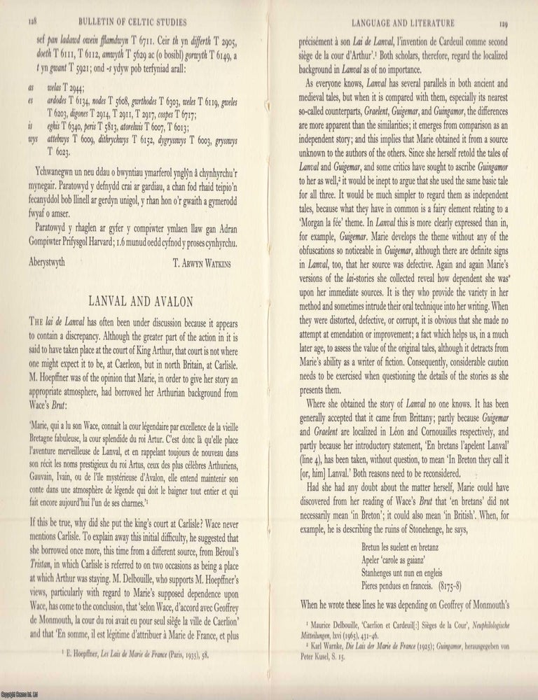 Item #624669 Lanval and Avalon. An original article from the Bulletin of The Board of Celtic...