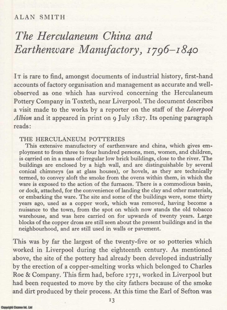 Item #624816 The Herculaneum China and Earthenware Manufactory, 1796-1840. An original article...
