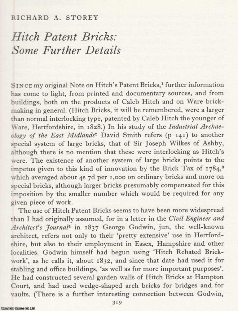 Item #624848 Hitch Patent Bricks. An original article from the Journal of Industrial Archaeology, 1970. Richard A. Storey.