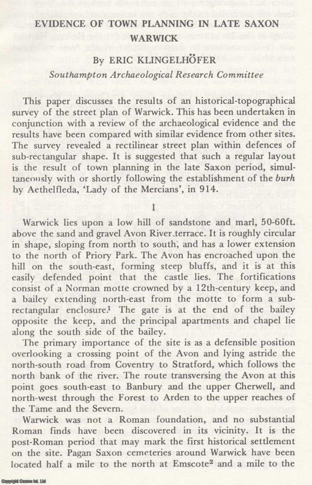 Item #625073 Evidence of Town Planning in Late Saxon Warwick. 10 pages, 3 figures. An article...