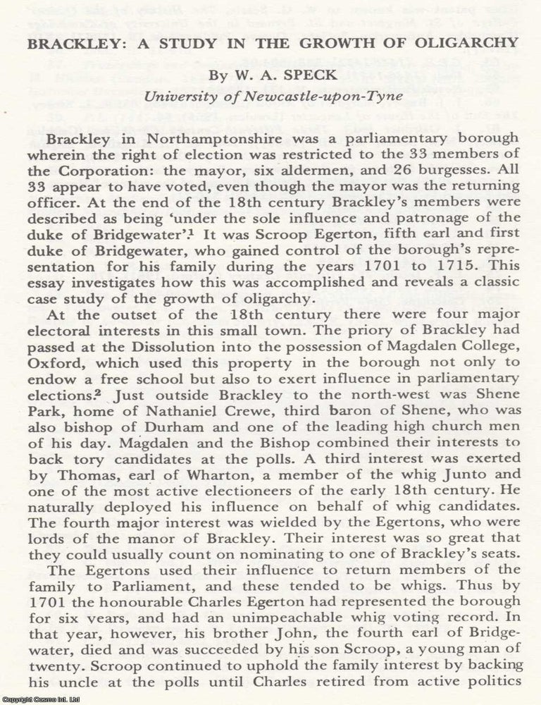 Item #625074 Brackley: A Study in The Growth of Oligarchy. 12 pages. An article printed in 1975,...