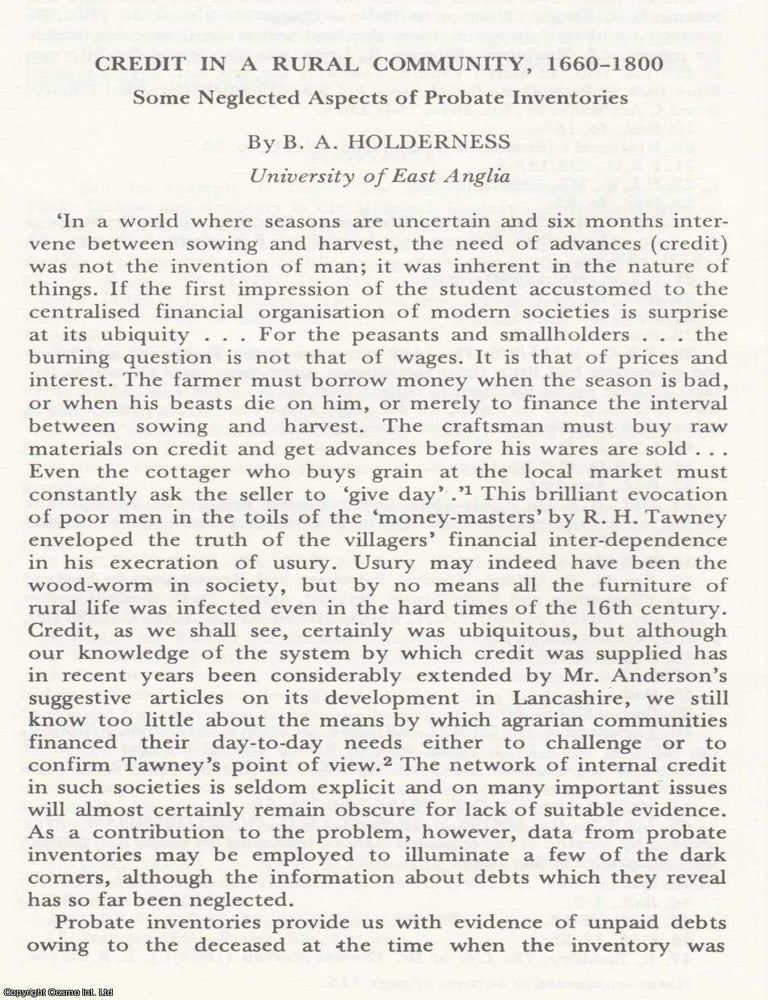 Item #625077 Credit in a Rural Community, 1660-1800. 22 pages. An article printed in 1975,...