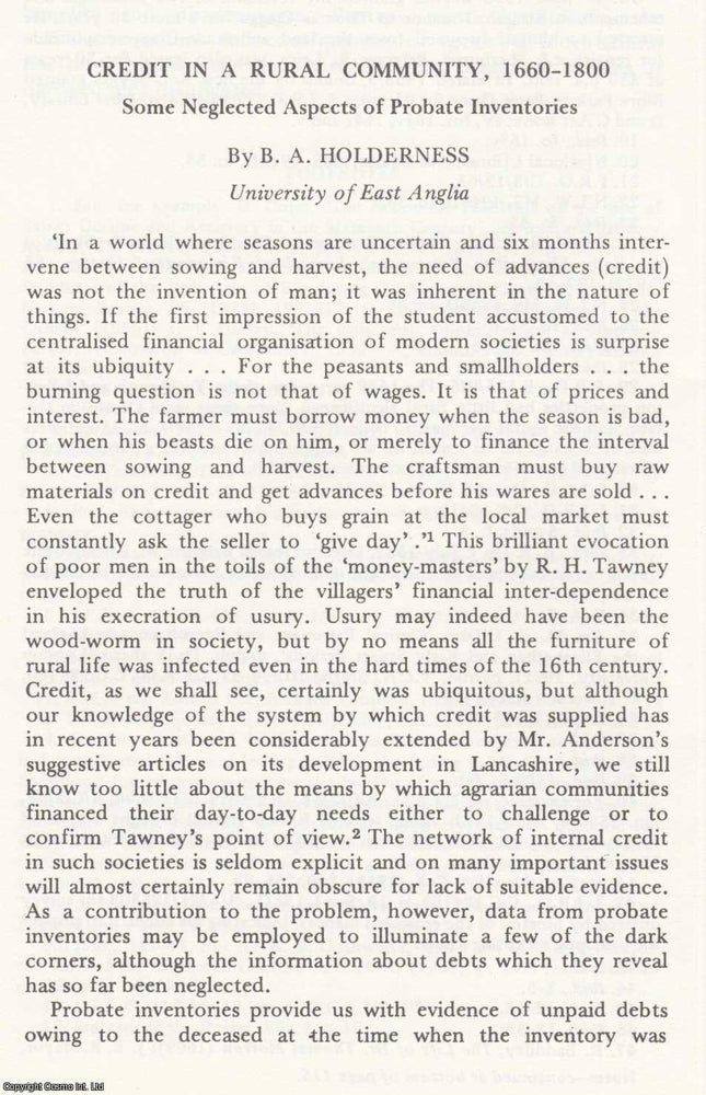 Item #625077 Credit in a Rural Community, 1660-1800. 22 pages. An article printed in 1975,...
