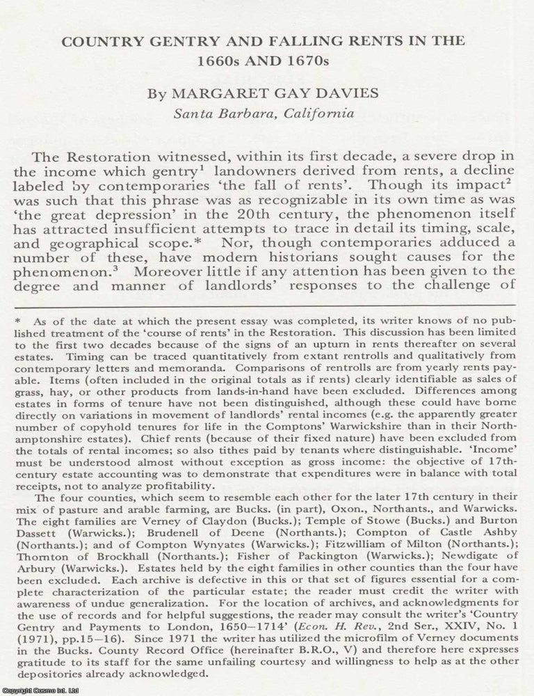Item #625089 Country Gentry and Falling Rents in The 1660s and 1670s. 11 pages. An article...