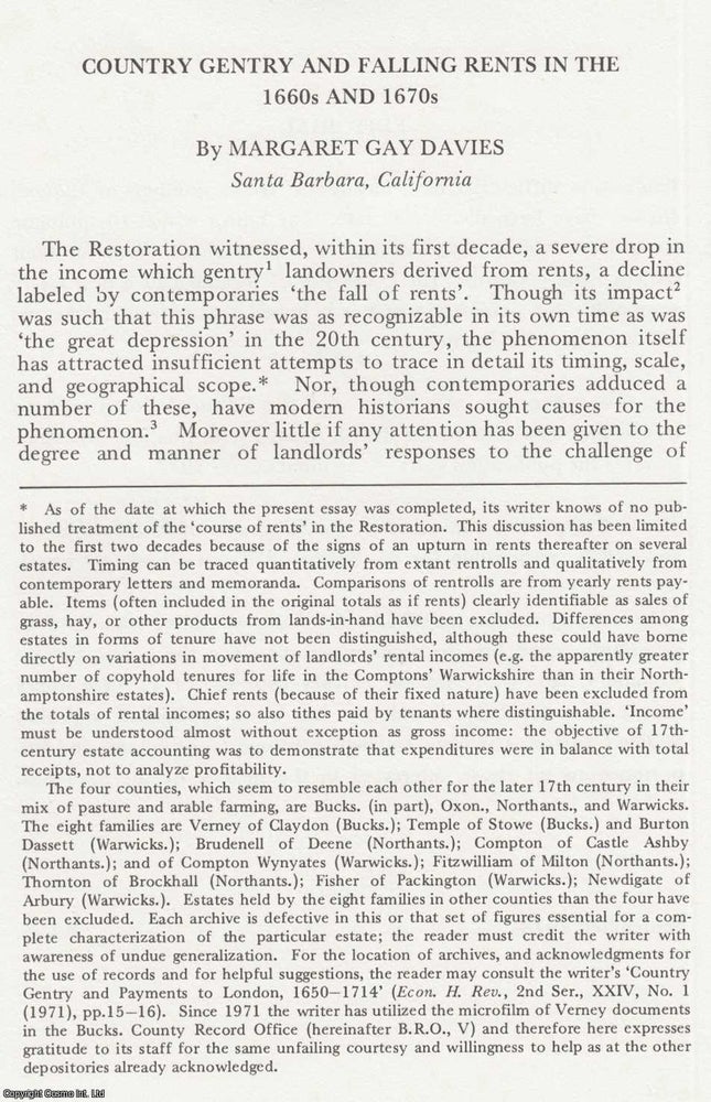 Item #625089 Country Gentry and Falling Rents in The 1660s and 1670s. 11 pages. An article...