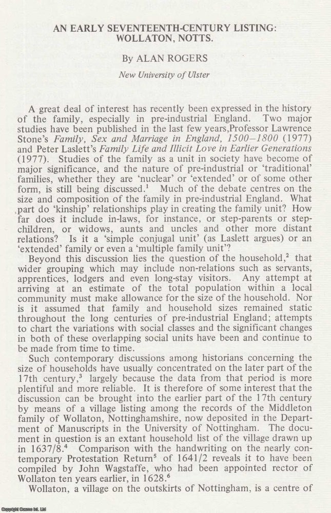 Item #625099 Early Seventeenth Century Listing: Wollaton, Notts. 8 pages. An article printed in...