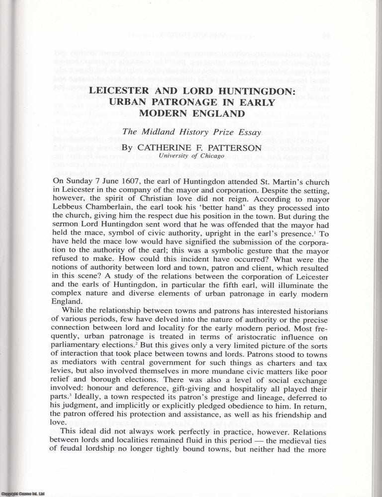 Item #625132 Leicester and Lord Huntingdon: Urban Patronage in Early Modern England. 18 pages. An...