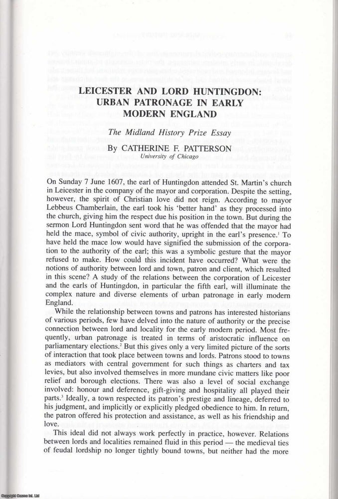 Item #625132 Leicester and Lord Huntingdon: Urban Patronage in Early Modern England. 18 pages. An...
