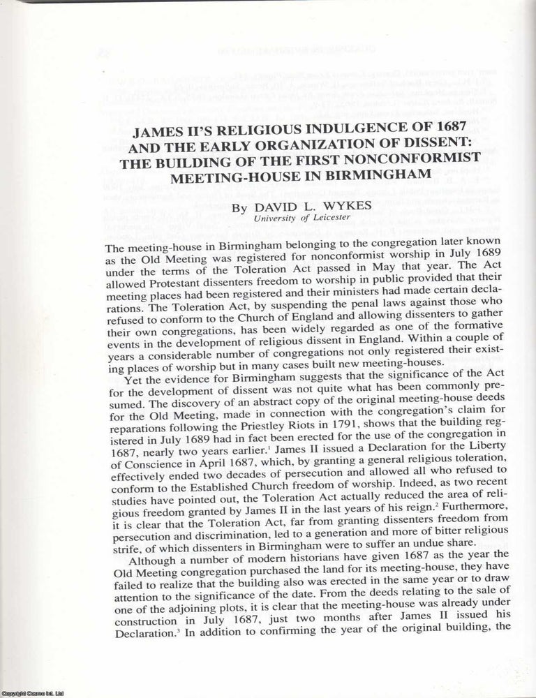 Item #625134 James II's Religious Indulgenc of 1687 and The Early Organization of Dissent:...