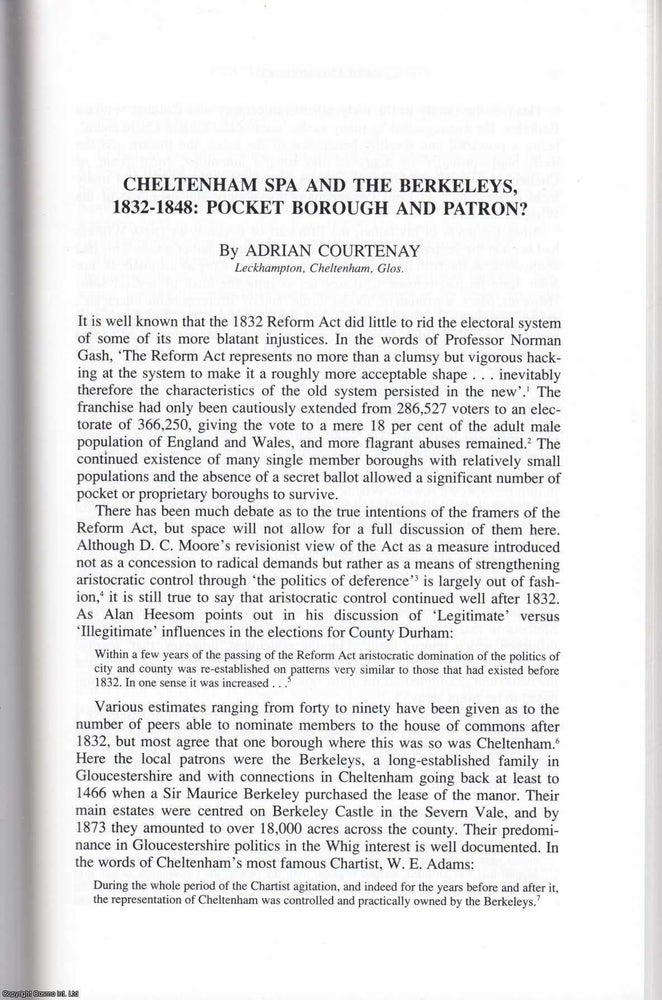 Item #625142 Cheltenham Spa and The Berkeleys, 1832-1848: Pocket Borough and Patron. 16 pages. An...