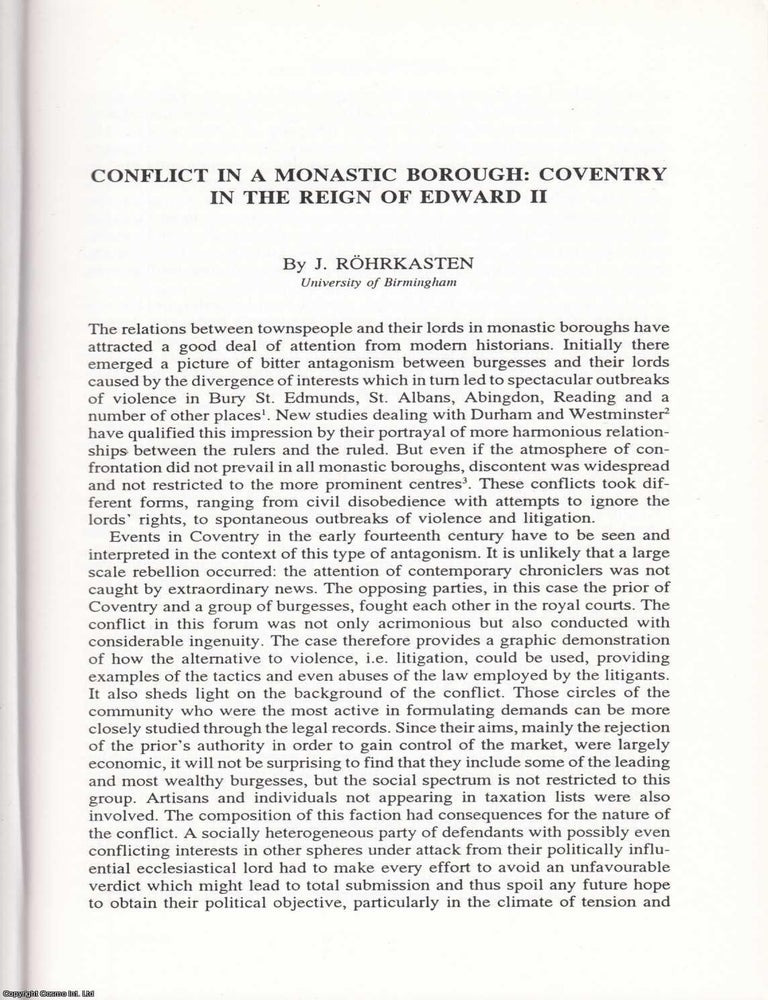 Item #625145 Conflict in a Monastic Borough: Coventry in The Reign of Edward II. 18 pages. An...