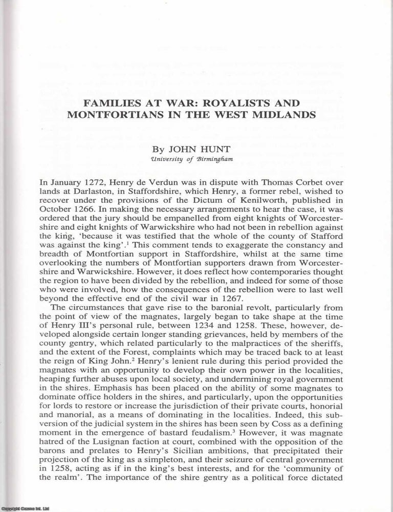 Item #625174 Families at War: Royalists and Montfortians in The West Midlands. 34 pages. An...