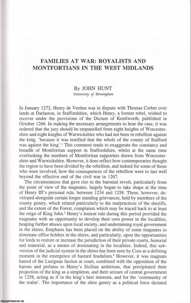 Item #625174 Families at War: Royalists and Montfortians in The West Midlands. 34 pages. An...
