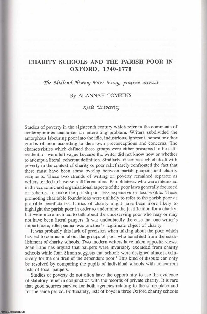 Item #625176 Charity Schools and The Parish Poor in Oxford, 1740-1770. 20 pages. An article...