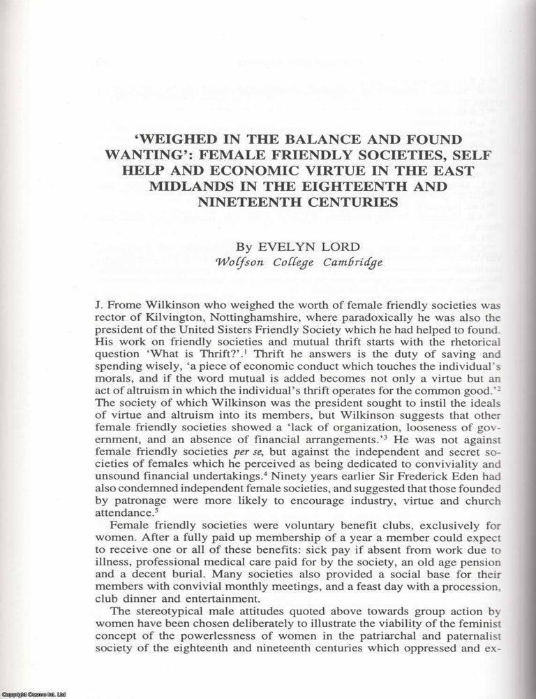 Item #625179 Female Friendly Societies, Self Help and Economic Virtue in The East Midlands in The...