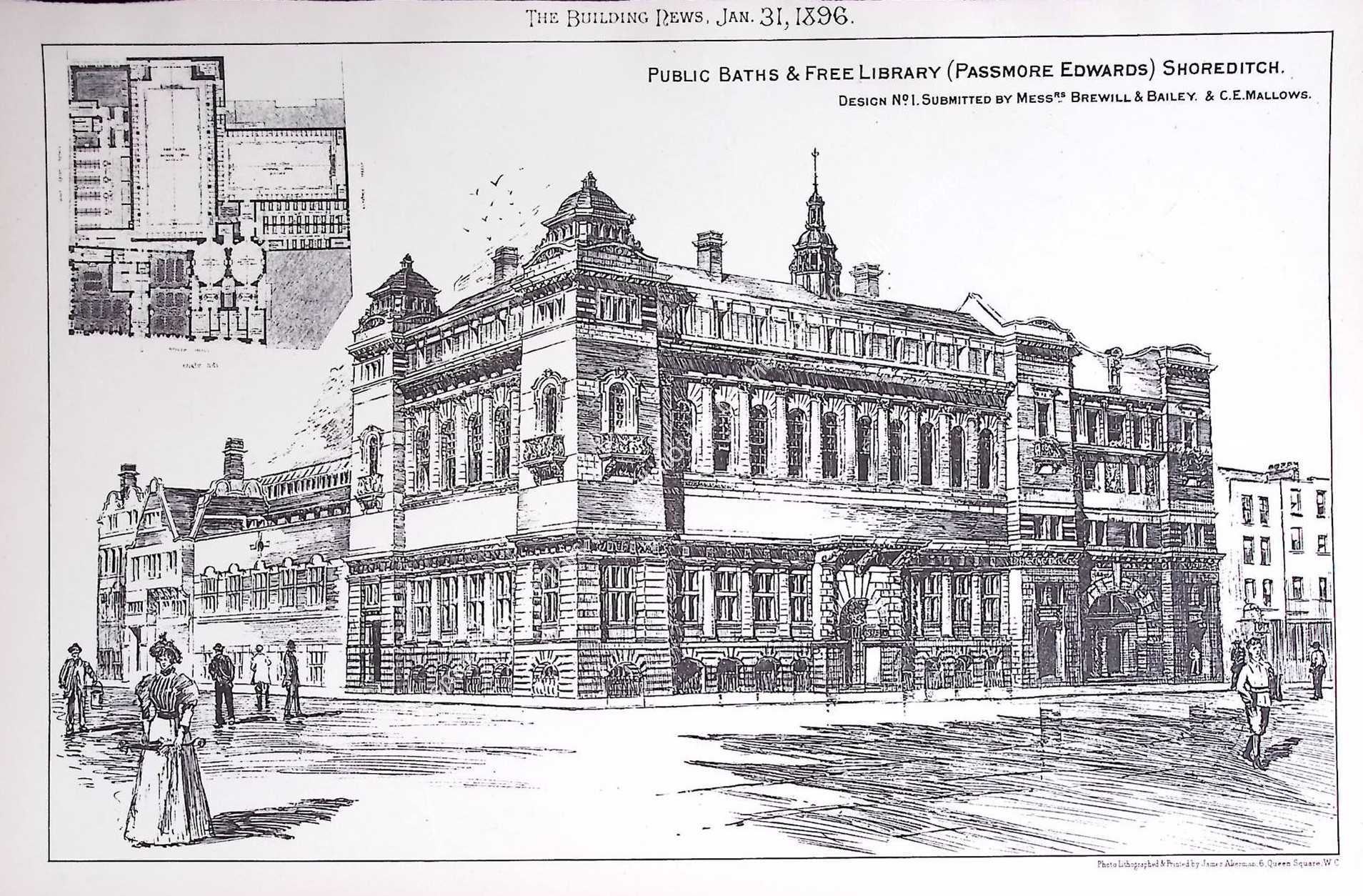 1896 : Shoreditch, Public Baths and Free Library. An original page from ...