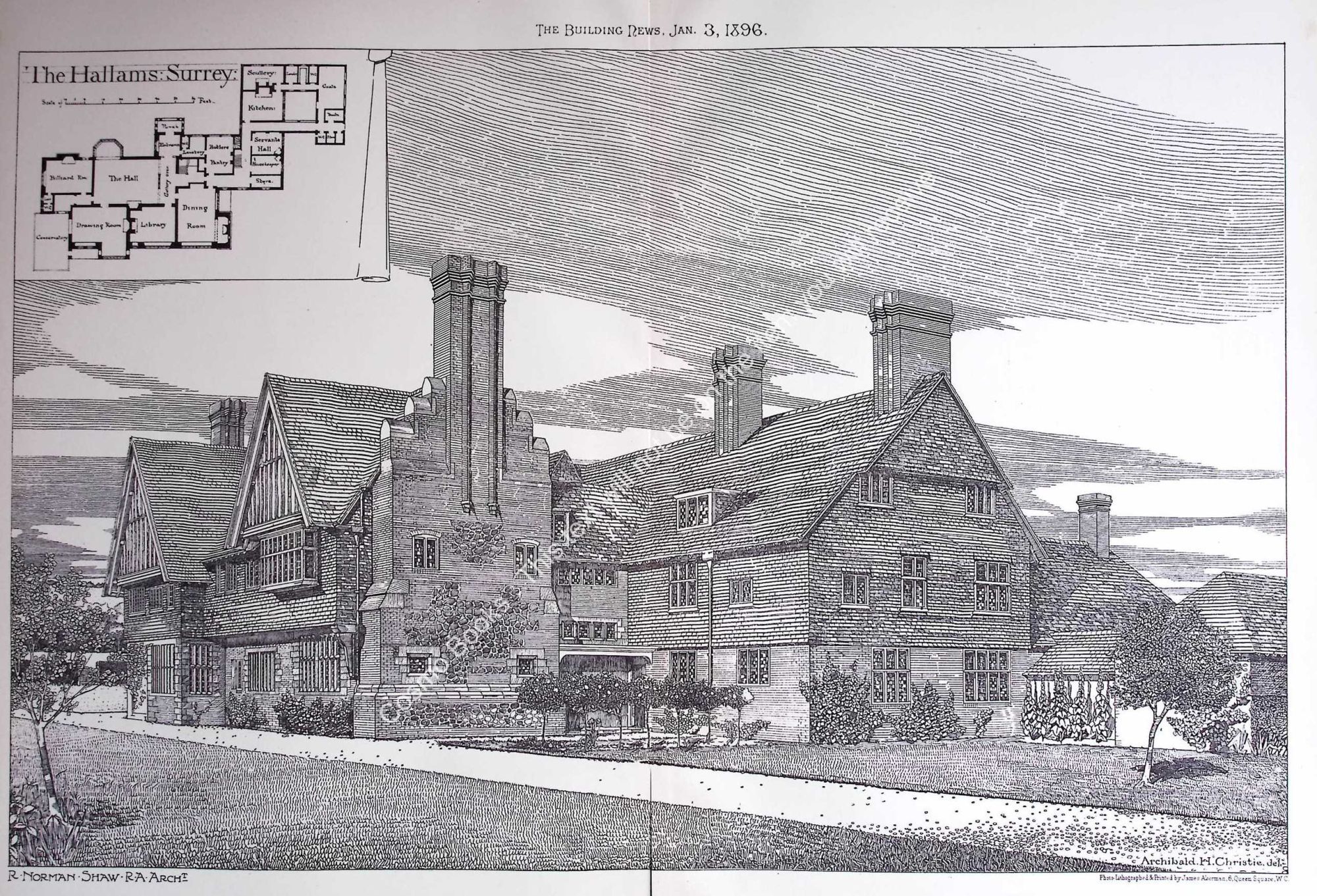 1896 : The Hallams, Surrey. R. Norman Shaw, Architect. An original page ...