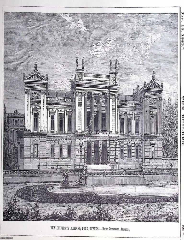 Item #630519 1883 : University Building, Lund, Sweden. Helgo Zettervall, Architect. An original...