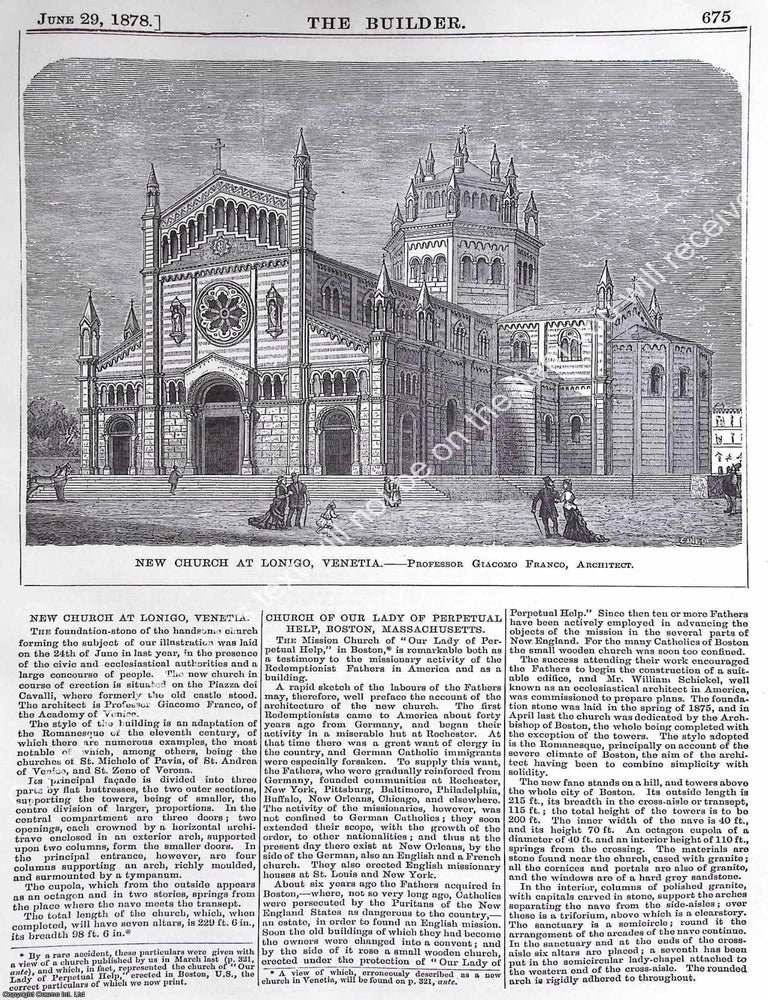 Item #630605 1878 : Church at Lonigo, Venetia. Giacomo Franco, Architect. An original page from...