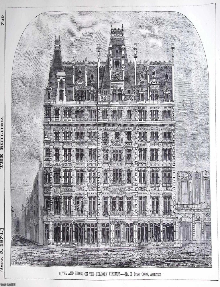 Item #631212 1874 : Hotel and Shops, on The Holborn Viaduct. E. Evans Cronk, Architect. An...