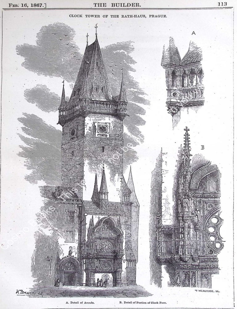 Item #631407 1867 : Clock Tower of The Rath-Haus, Prague. An original page from The Builder. An...