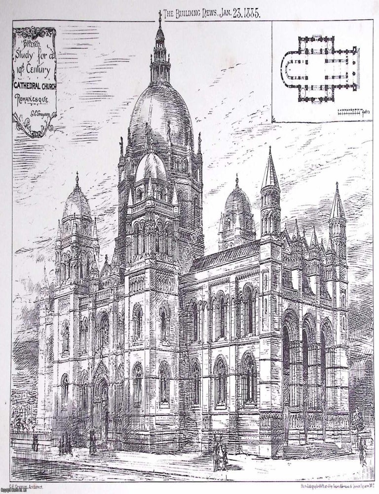 Item #631667 1885 : Sketch Study for a 19th Century Romanesque Cathedral Church. An original page...
