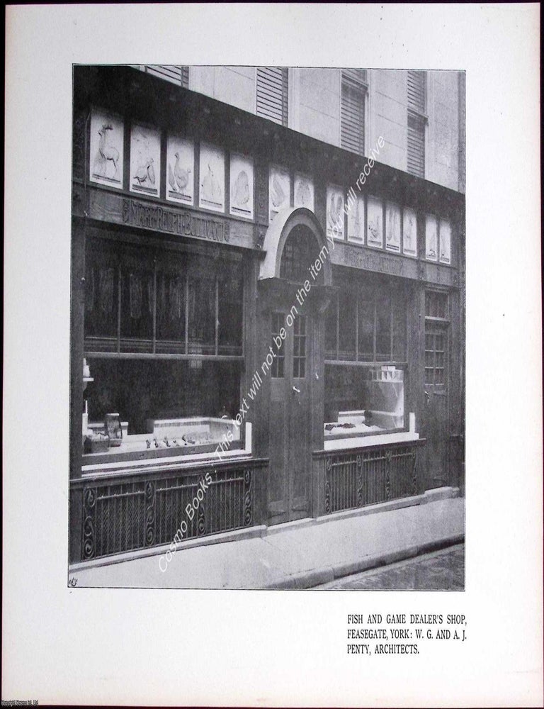 Item #634462 Fish and Game Dealer's Shop, Feasegate, York. Messrs. W. G. and A. J. Penty, Architects. An original print from The Architectural Review Magazine, 1899. FISH AND GAME SHOP.