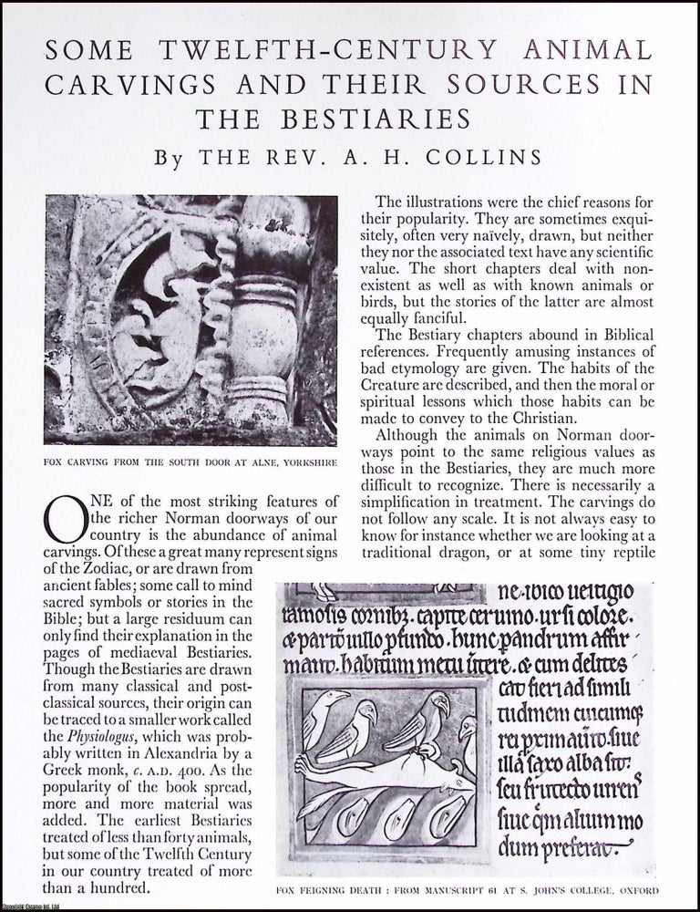 Item #634524 Animal Carvings & their Sources in The Bestiaries; Twelfth Century. An original...