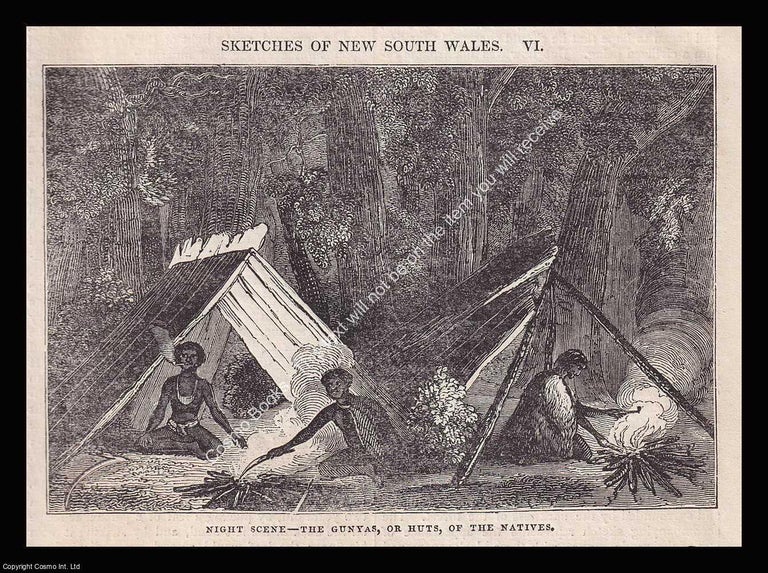Item #639431 Australia, New South Wales. The Gunyas, or Huts of The Natives, Night Scene. An 1836...
