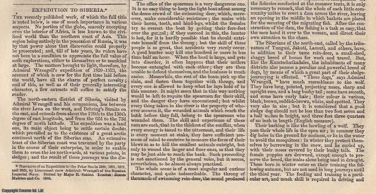 Item #990428 Expedition to Siberia. A review and summary of Admiral Wrangell's visit as part of his Polar Sea Expedition. Published by W. & R. Chambers, 29 August, 1840, No. 448. 1840. Chambers' Edinburgh Journal.